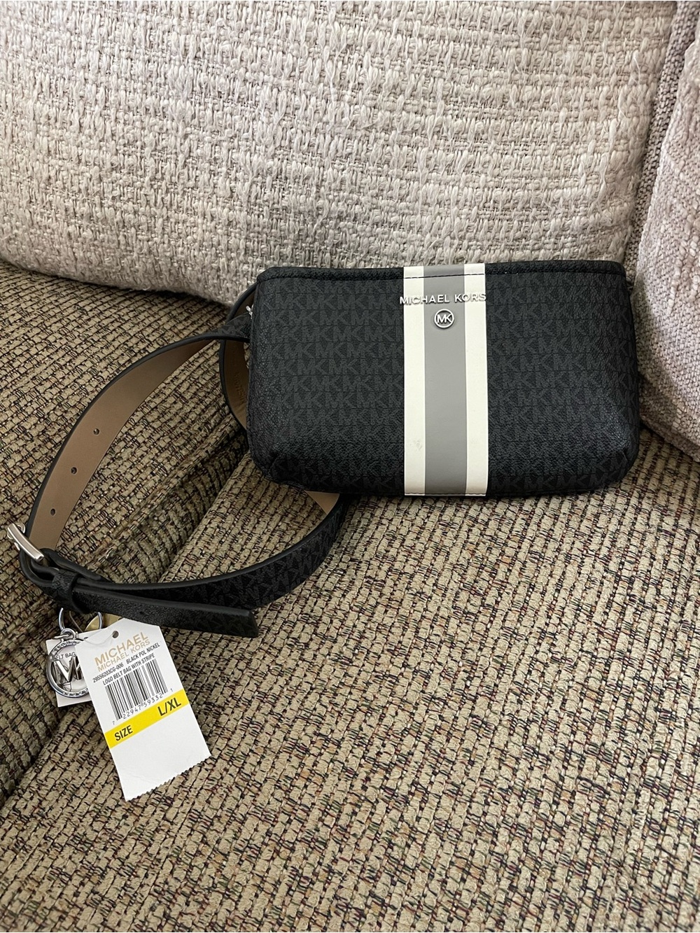 Michael Kors Womens Belt Bag-Black w/ Gray & White Stripe,Adjustable Waist,L/XL